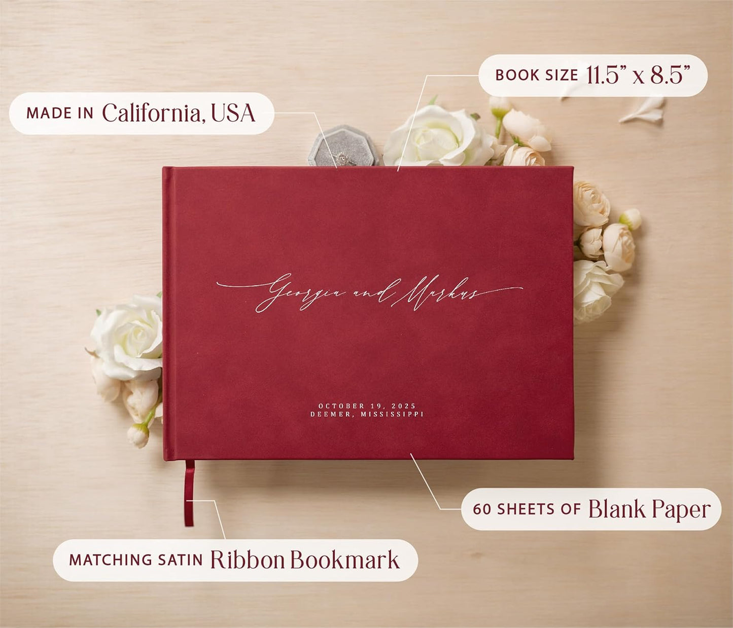 MUUJEE Personalized Guestbook in Red - Premium Custom Modern Guest Book for Wedding Reception, Birthday Party or Events w/Bookmark Blank Pages for Signing 11.5 x 8.5 inches