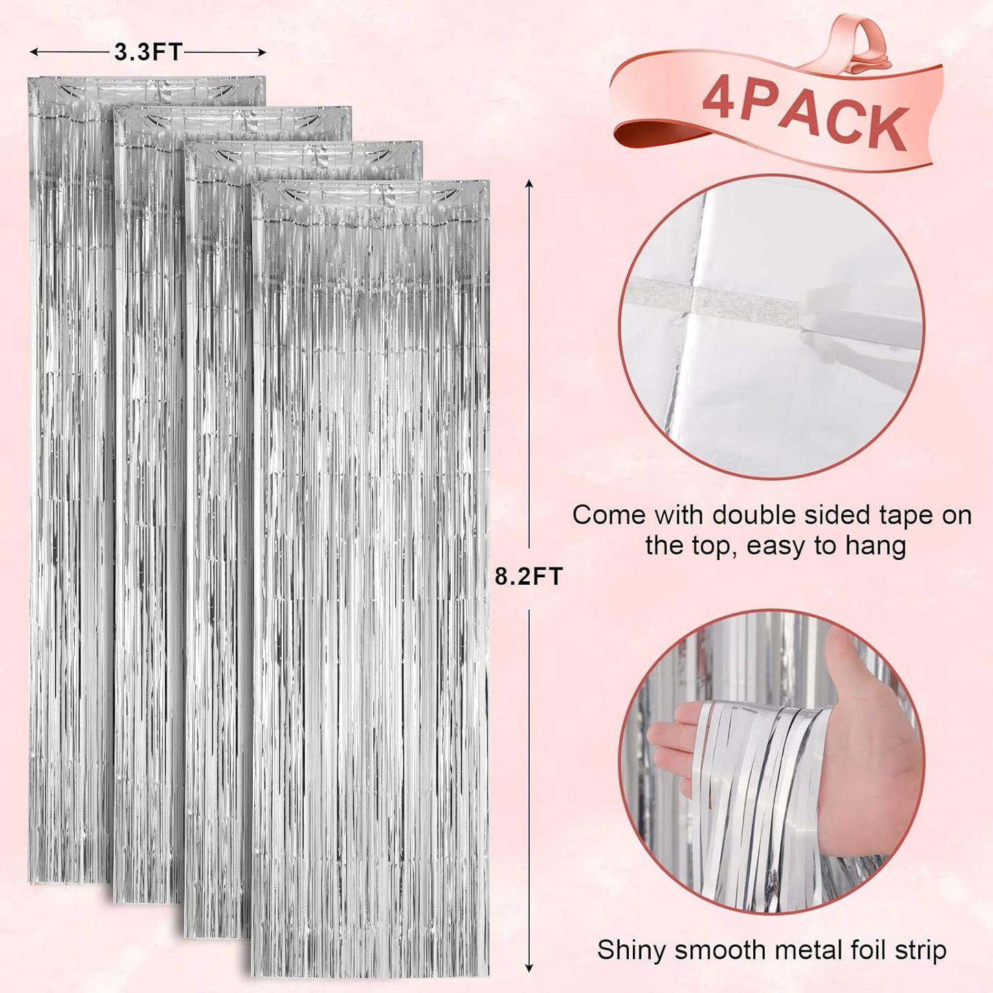 4 Pack Silver Foil Fringe Backdrop Curtains, Tinsel Streamers Birthday Party Decorations, Fringe Backdrop for Graduation, Baby Shower, Gender Reveal, Disco Party