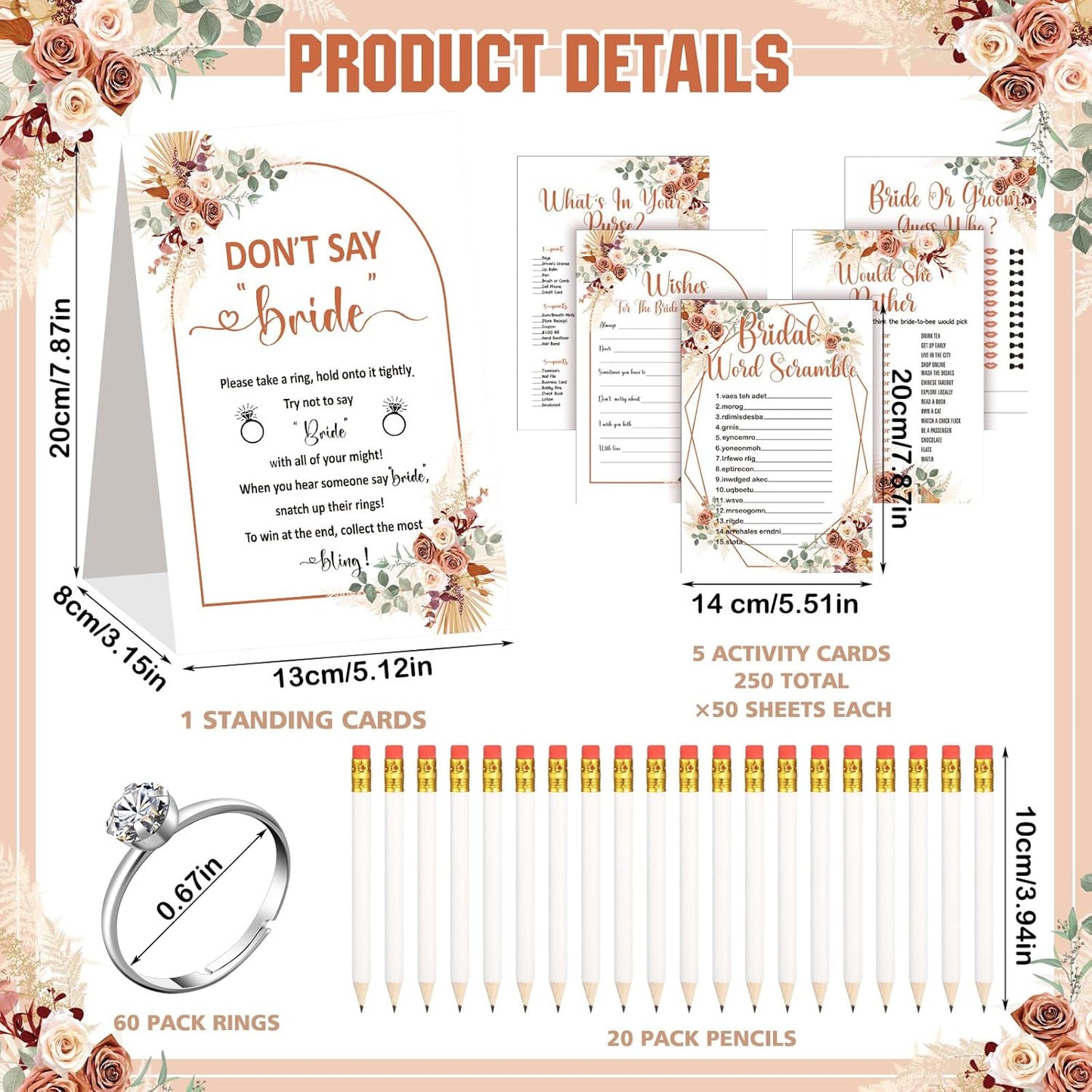 Estune 331 Pcs Bridal Shower Games Supplies, 5 Sets 250 Pcs Wedding Cards 1 Put a Ring on It Bridal Shower Games with 60 Rings and 20 Pencils(Boho Style)