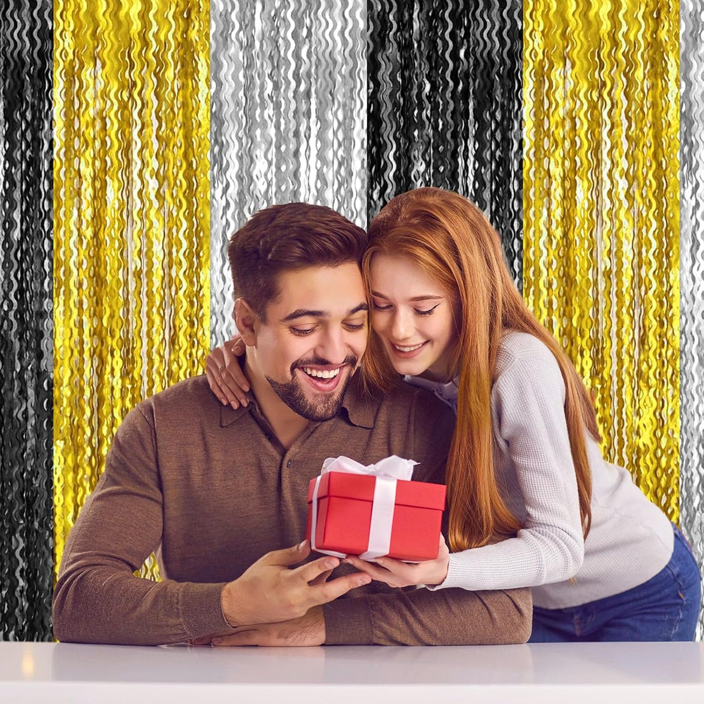 4 Pack Black Gold Silver Wave Foil Fringe Curtain Backdrop, 3.28Ft x 8.2Ft Metallic Tinsel Foil Fringe Streamer Curtains for Photo Booth, Mother's Day, Easter, Birthday, Wedding Party Decoration