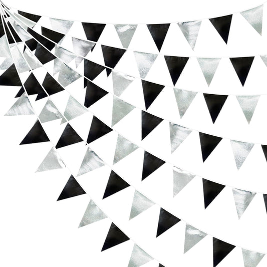 Black and Silver Party Decorations Triangle Pennant Banner Flag Metallic Fabric Bunting Garland for Birthday Graduation Retirement Wedding Bachelorette Bridal Shower Engagement Disco Party Supplies