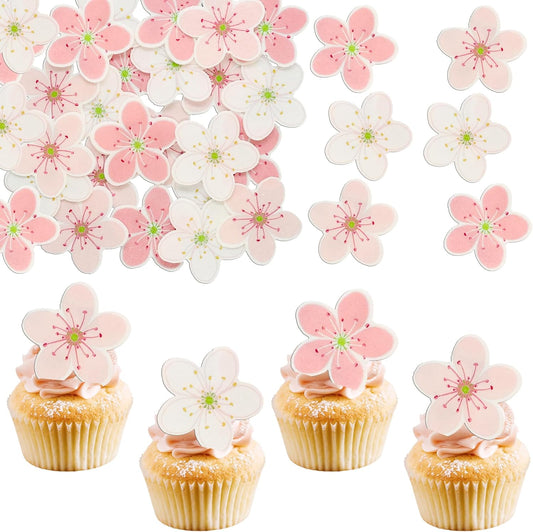 Ephlyn 54Pcs Edible Cherry Blossom Cake Decoration Spring Flowers Cupcake Toppers Wafer Paper Flowers Cake Decoration Wedding Birthday Baby Shower Party Supplies White Pink