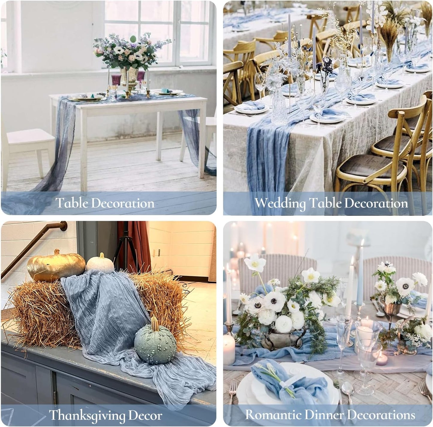 12 Pack Dusty Blue Cheesecloth Table Runners 35x120 Inch,10FT Boho Fall Thanksgiving Blue Gauze Table Runner Cheese Cloth for Wedding Party Baby Shower Home Decorations