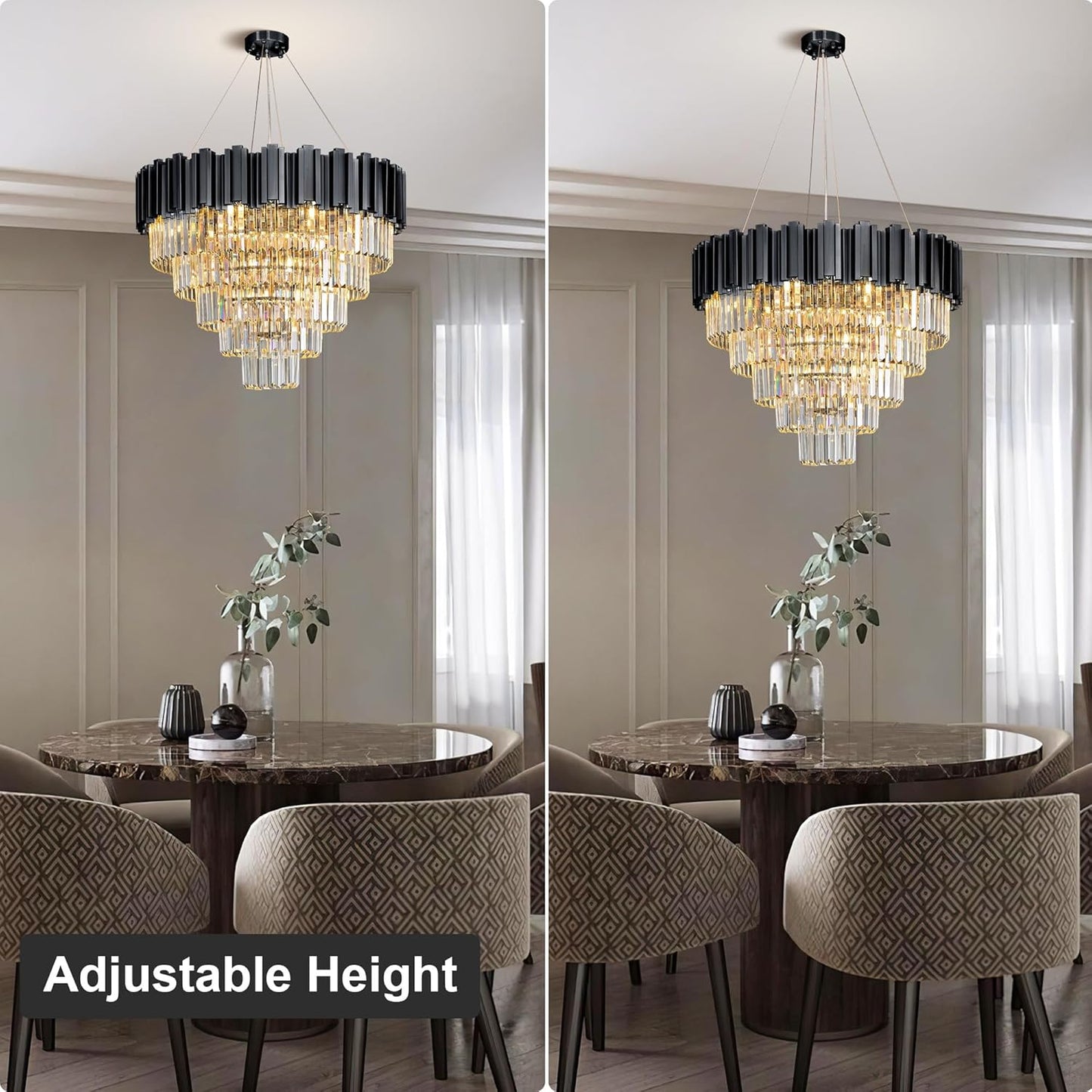 27.5" Black Crystal Chandelier, 9-Light Modern Luxury Round Chandelier, 5-Tier Contemporary Tiered Chandeliers Light Fixture for Dining Room, Living Room, Bedroom, Foyer, Entryway, Kitchen