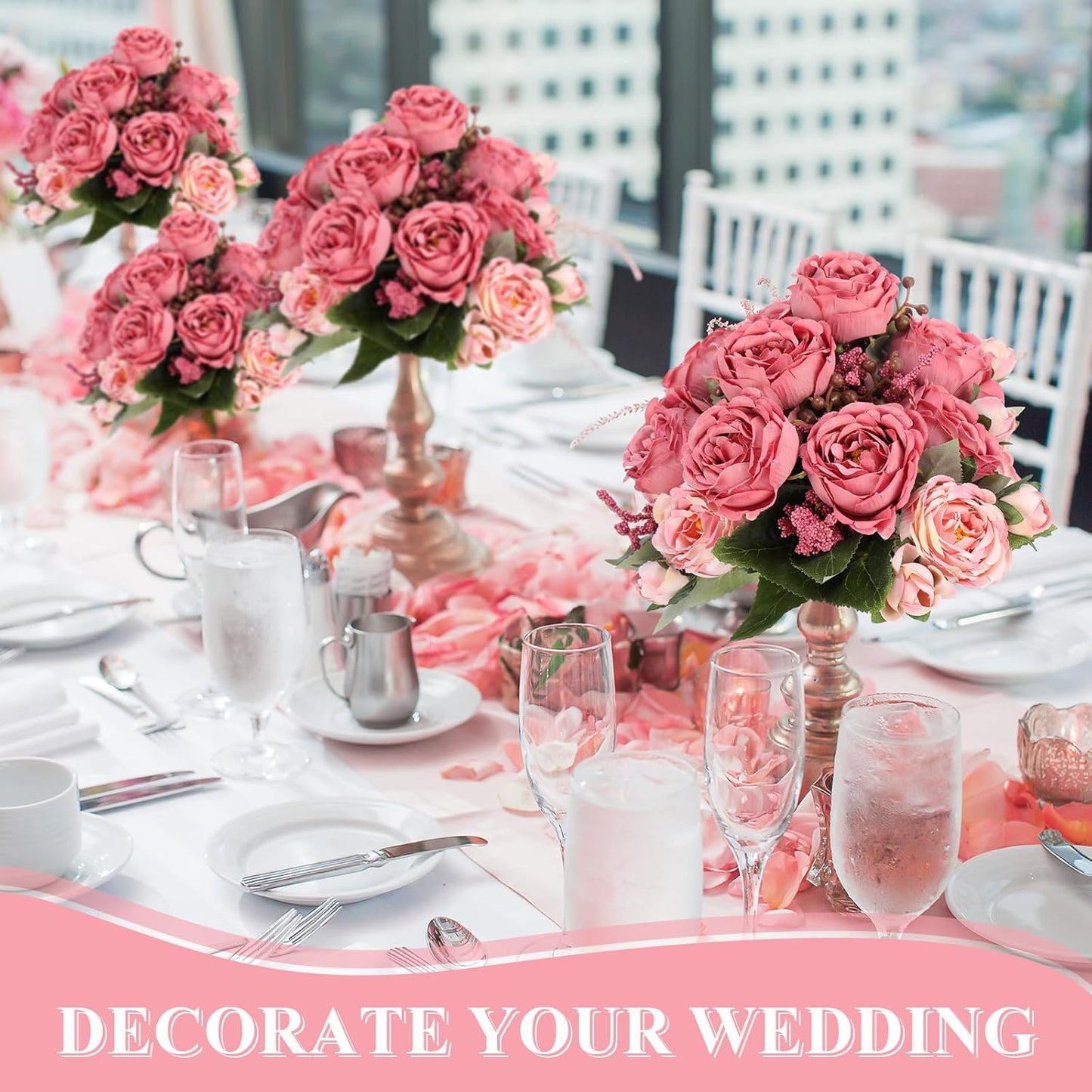 8 Bundles Artificial Peonies Flowers Boho Faux Flowers Arrangements Artificial Centerpiece Spring Bouquet Floral Wedding Decoration for Vase(Dark Pink)