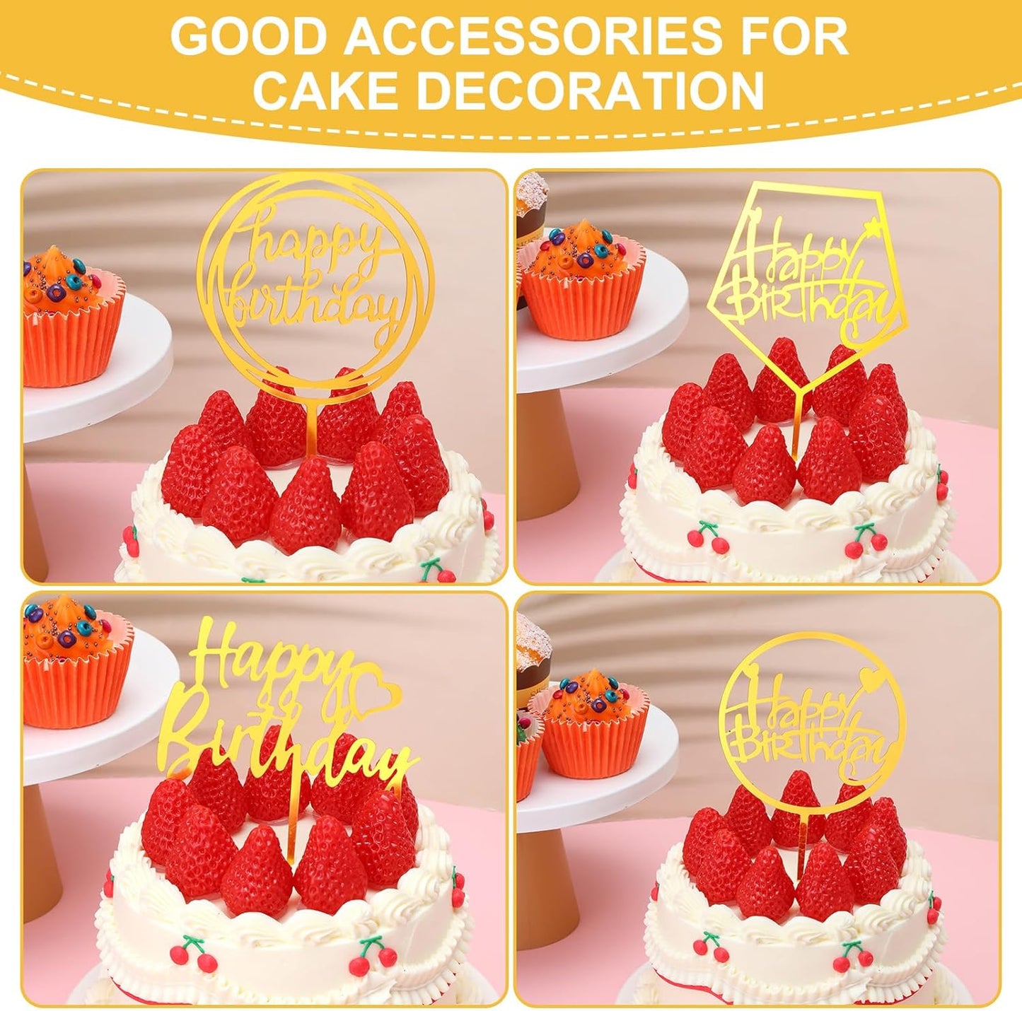 100 Pcs Gold Happy Birthday Cake Toppers Gold Acrylic Cake Topper Glitter Birthday Cake Decorations Double Sided Cake Topper for Children Supplies Accessories Decorations Figurines Ornaments