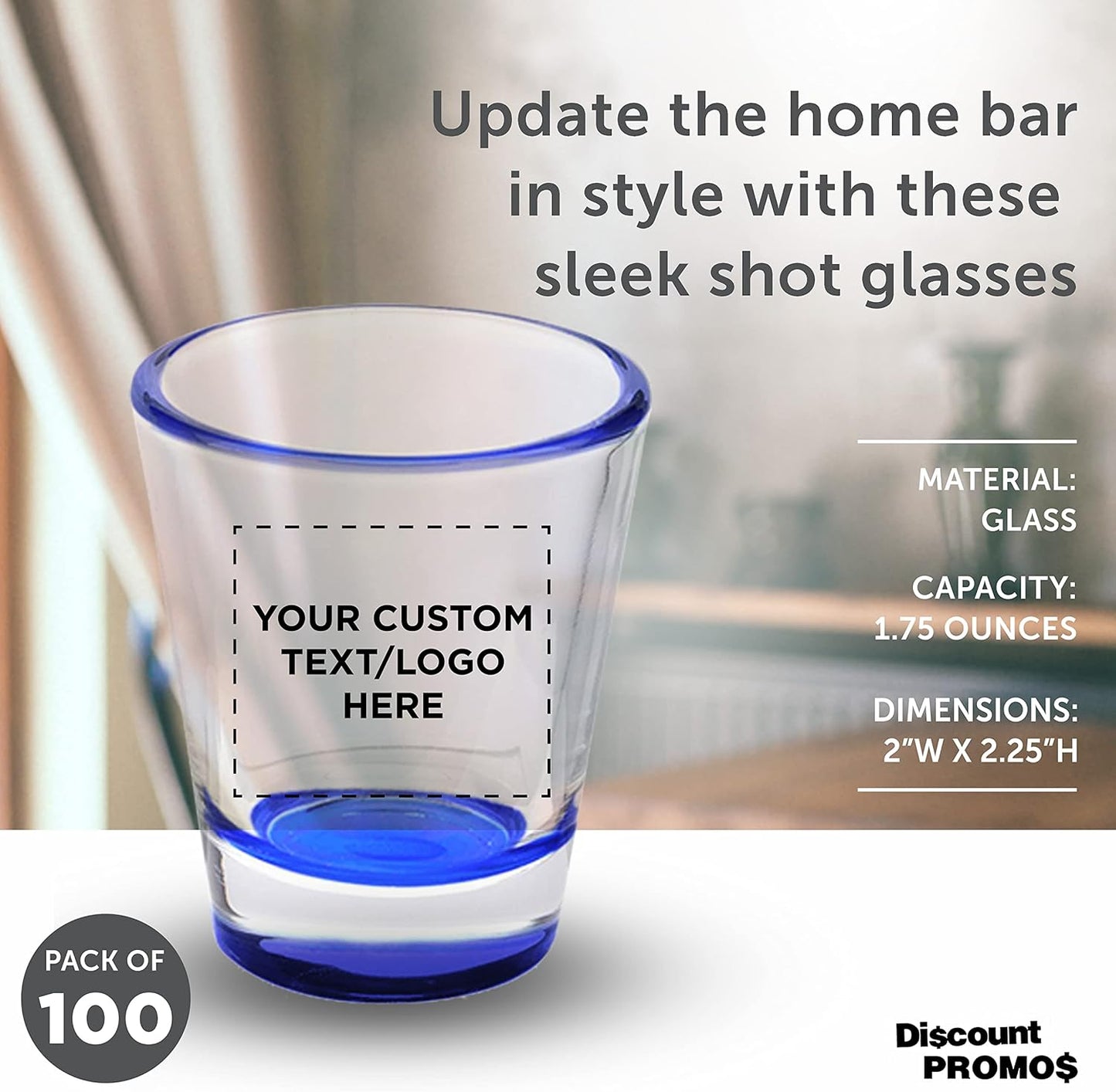 Custom Shot Glasses 1.75 oz. Set of 100, Personalized Bulk Pack - Great for Wedding Favors, Bachelorette Party Decorations, Party Fovors, Color Bottom - Blue