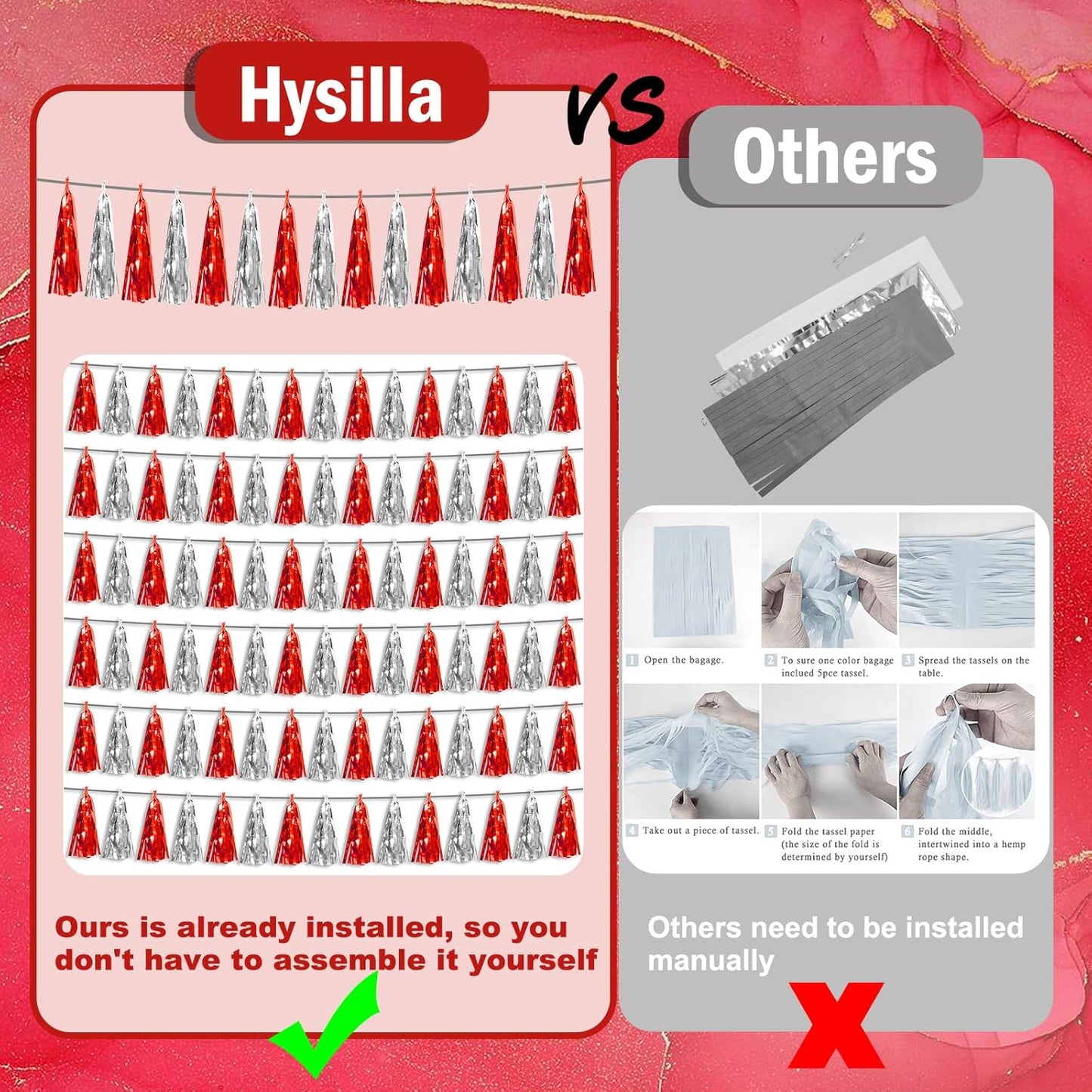 6P Red Silver Foil Fringe Metallic Tassel Streamers Banner Tassel Garland for Parade Floats, Bachelorette, Wedding, Birthday, Graduation, Christmas, Bridal/Baby Shower Party Decorations