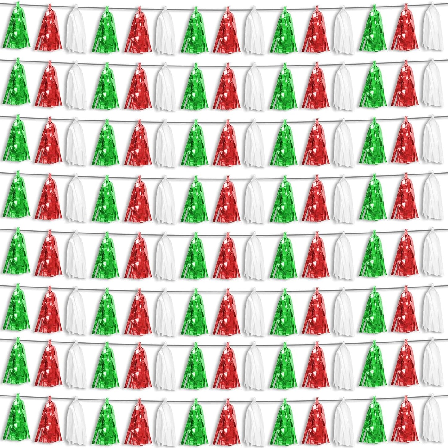 8P Red Green White Foil Fringe Metallic Tassel Streamers Banner Tassel Garland for Parade Floats, Graduation, Wedding, Birthday, Halloween, Christmas, Mexican Italian Birthday Party Decorations