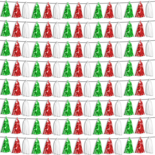 8P Red Green White Foil Fringe Metallic Tassel Streamers Banner Tassel Garland for Parade Floats, Graduation, Wedding, Birthday, Halloween, Christmas, Mexican Italian Birthday Party Decorations