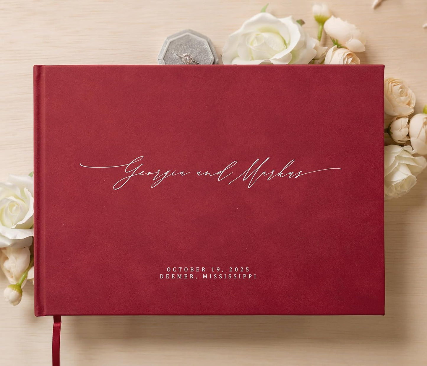 MUUJEE Personalized Guestbook in Red - Premium Custom Modern Guest Book for Wedding Reception, Birthday Party or Events w/Bookmark Blank Pages for Signing 11.5 x 8.5 inches