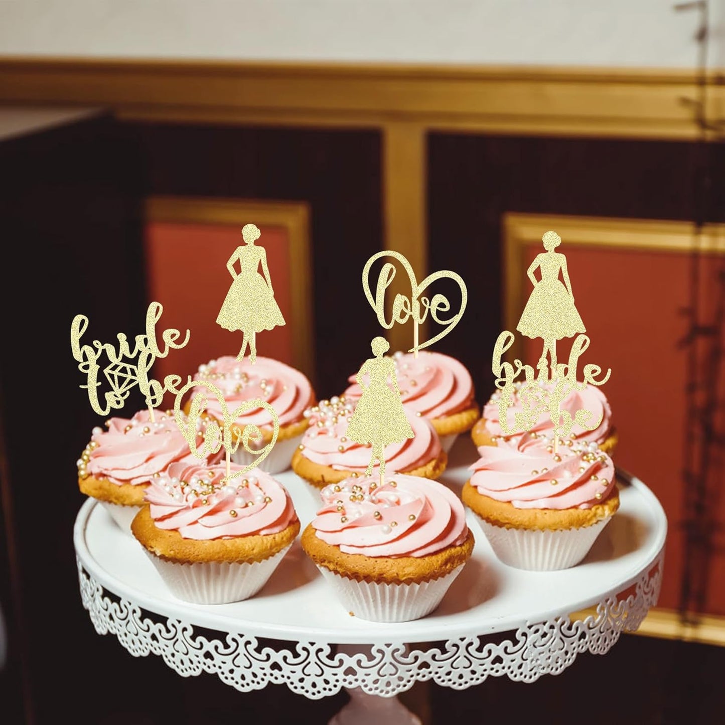Sotpot 24PCS Bride to Be Cupcake Toppers with Heart Gold Glitter Dress Bridal Shower Cupcake Picks for Wedding Bridal Shower Wedding Engagement Party Cake Decorations