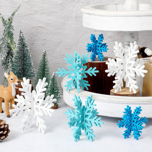 Bucherry 12 Pcs Wooden Snowflake Table Decor 3D Snowflake Tabletop Signs and Centerpiece for Christmas Xmas Winter Wonderland Decorations Home Party(White, Dark Blue, Light Blue)