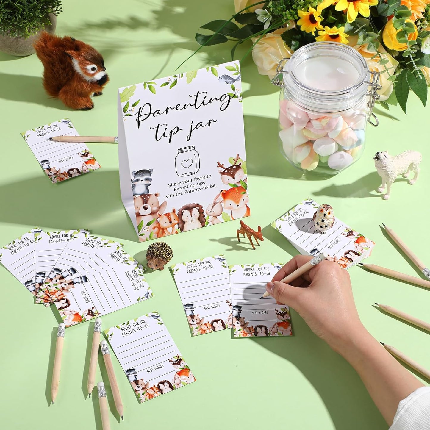 Roowest Baby Shower to Baby Advice Cards for New Parents to Be - Tip Jar Sign for New Parents 60 Parenting Advice Cards 10 HB Pencils 2 Cute Stickers 1 Pet Bottle for Guests Games(Woodland)