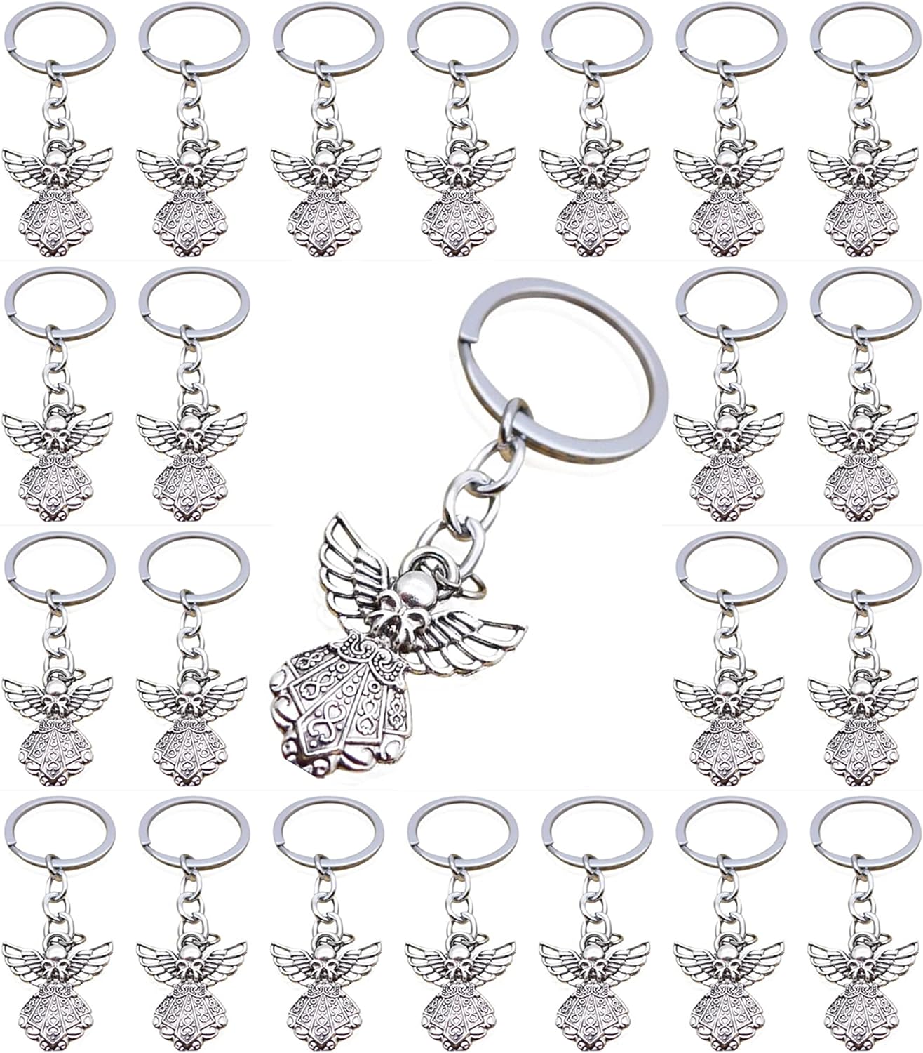 PHAETON 50PCS Silver Tone Guardian Angel Charm Keychain Key Ring
