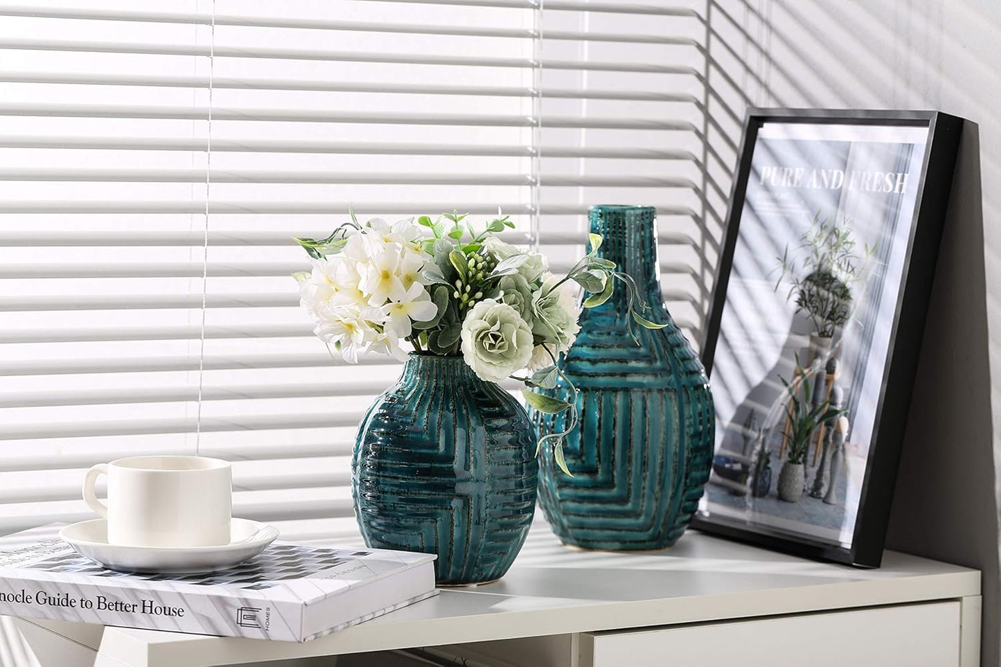 hjn Ceramic Vase - Teal Vase for Home Decor, Modern Decor Accents - Teal, Small - 9.4" H