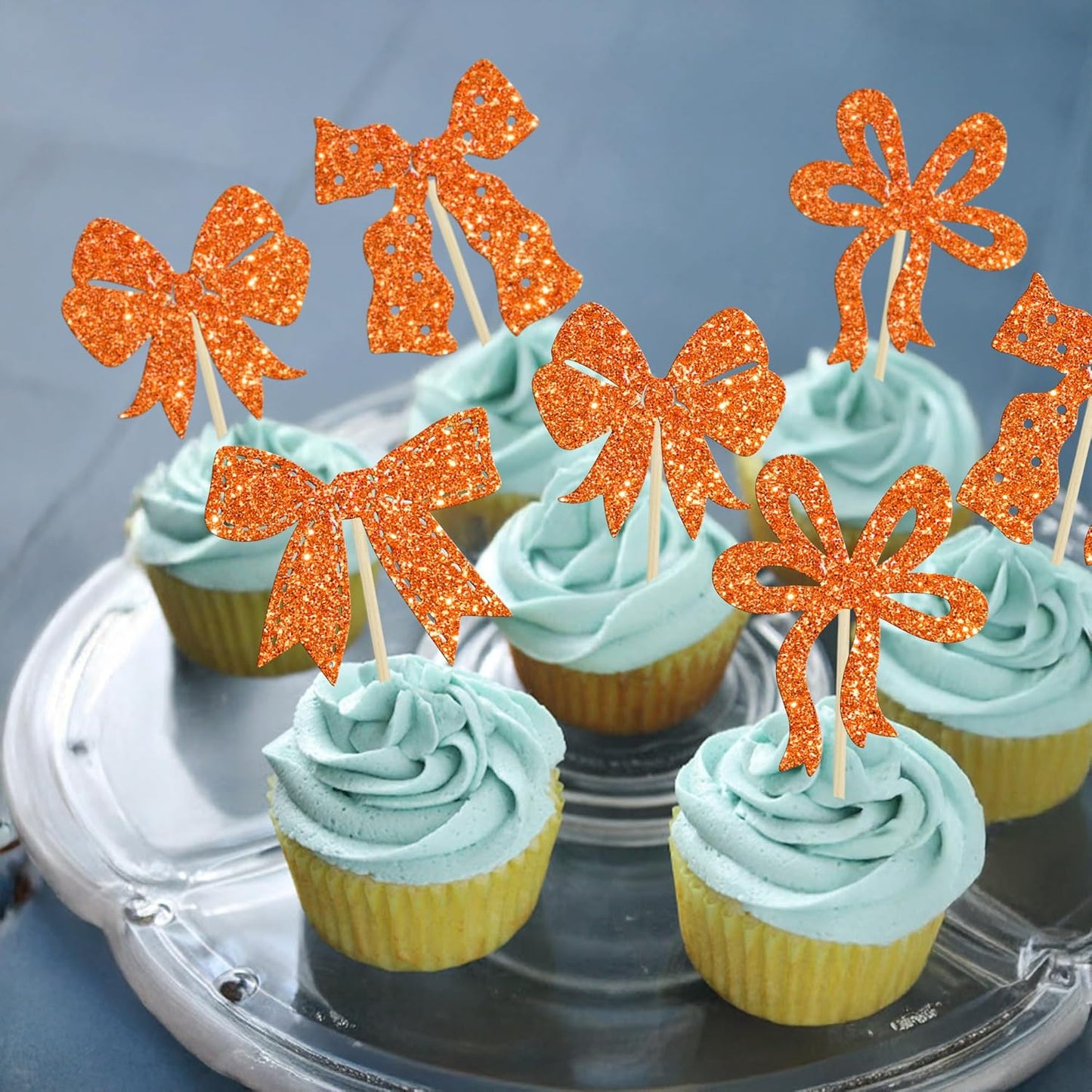 Ephlyn 24Pcs Bow Cupcake Toppers Bow Birthday Cake Topper Girls Birthday Party Decorations Bowknot Cupcake Decorations for Bridal Baby Shower Birthday Wedding Themed Party Orange