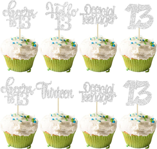 30Pcs 13th Birthday Cupcake Toppers Hello 13 Cupcake Picks Official Teenager Cheers to 13 Years Old Cake Decorations for 13th Birthday Anniversary Party Supplies Silver Glitter