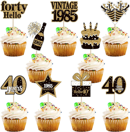 36PCS Happy 40th Birthday Cupcake Toppers Double Sided Black Gold Forty Hello 40 Vintage 1985 Cupcake Picks Cheers to 40 Years 40 Fabulous Cake Decorations for 40th Birthday Party Supplies