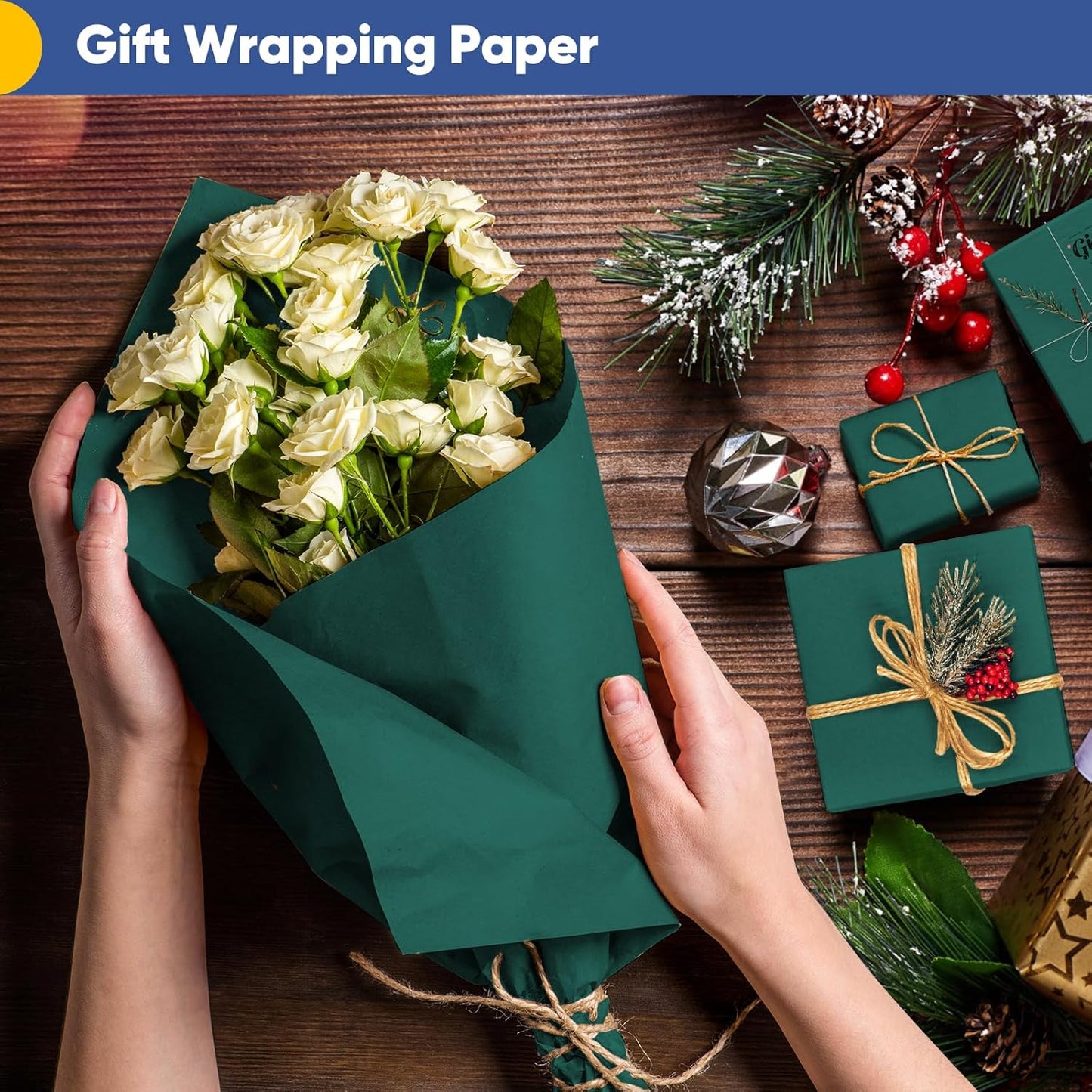 Vanhench Green Wrapping Paper Roll 17.5"×963" (80 1/4FT), Solid Color Art Green Kraft Craft Paper Roll, Christmas Wrapping Paper, Birthday Bouquet Flower Crafts, Dark Green Bulletin Board Paper