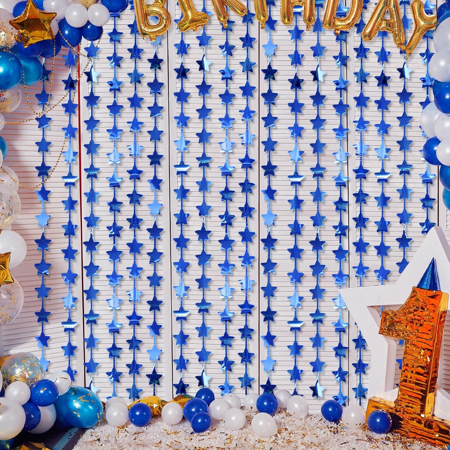 LOLStar 2Pack Blue Happy Birthday Party Decorations 3.3X6.6ft Each Navy Star Streamers Backdrop Foil Fringe Curtains,Photo Booth Props for Blue Baby Shower 18th 21st Birthday Space Party for Boys