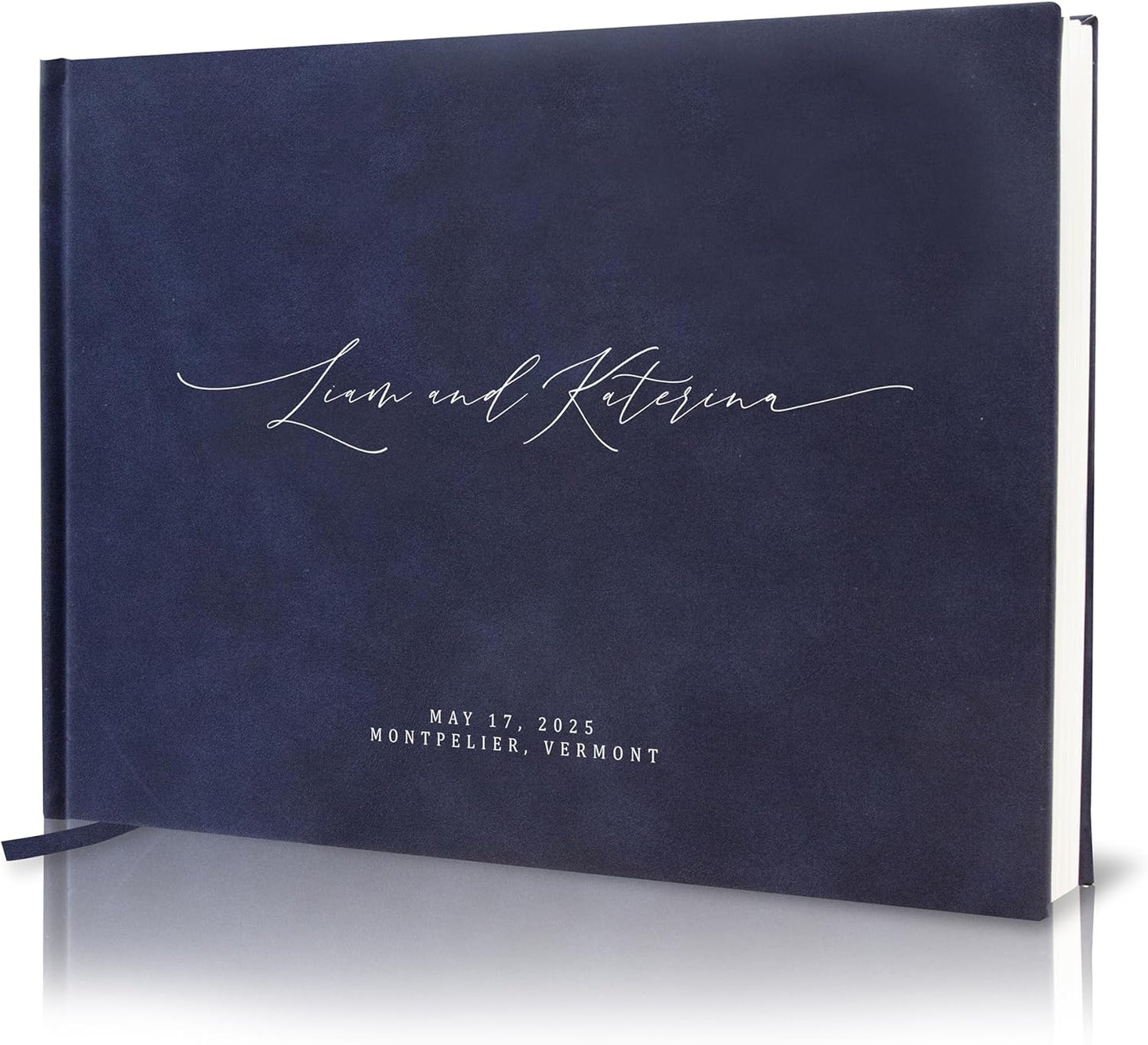MUUJEE Personalized Guestbook in Navy - Premium Custom Modern Guest Book for Wedding Reception, Birthday Party or Events w/Bookmark Blank Pages for Signing 11.5 x 8.5 inches