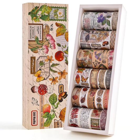 20 Rolls Vintage Washi Tape Set, Floral Letter Butterfly Mushroom Botanical Flower Writable Decorative Tapes for Scrapbooking , Junk Journal Supplies, Bullet Journaling 10-60mm Wide 6.56ft long/Roll