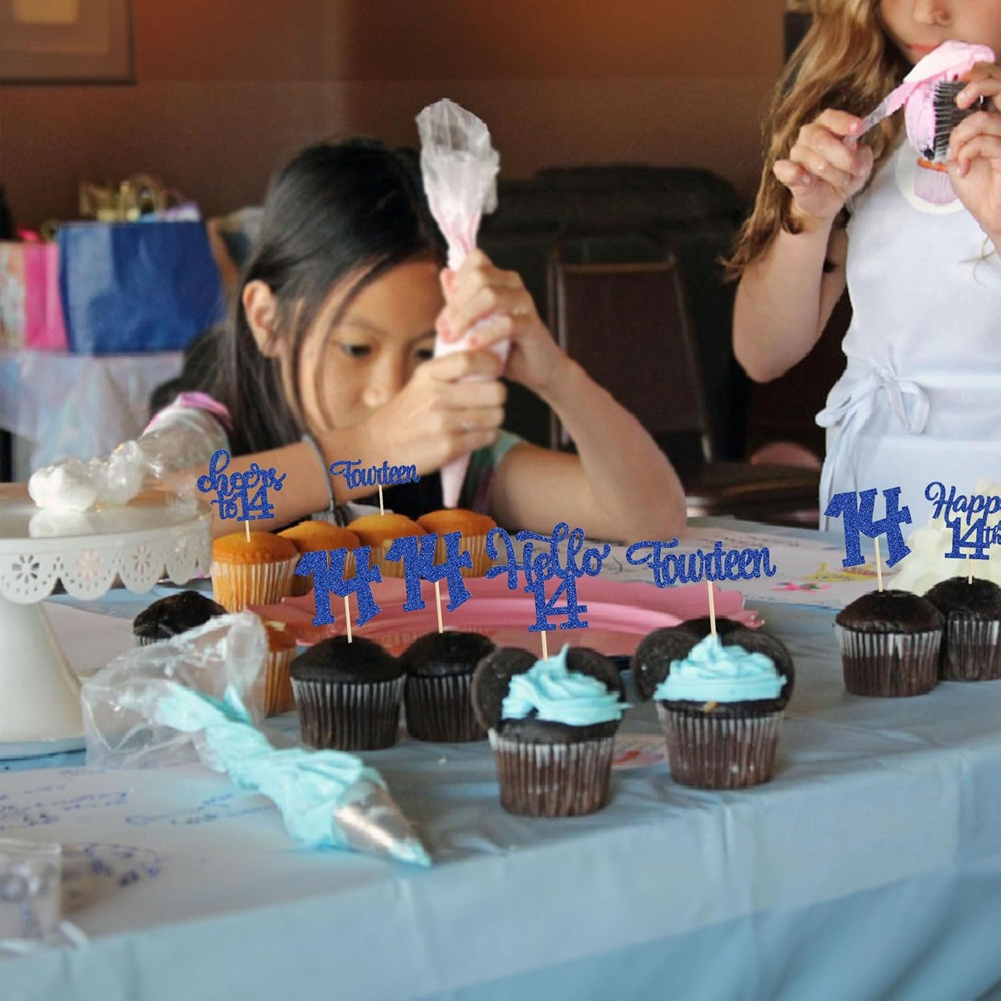 30Pcs 14th Birthday Cupcake Toppers Hello 14 Cupcake Picks Fourteen Cheers to 14 Years Old Cake Decorations for 14th Birthday Anniversary Party Supplies Deep Blue Glitter