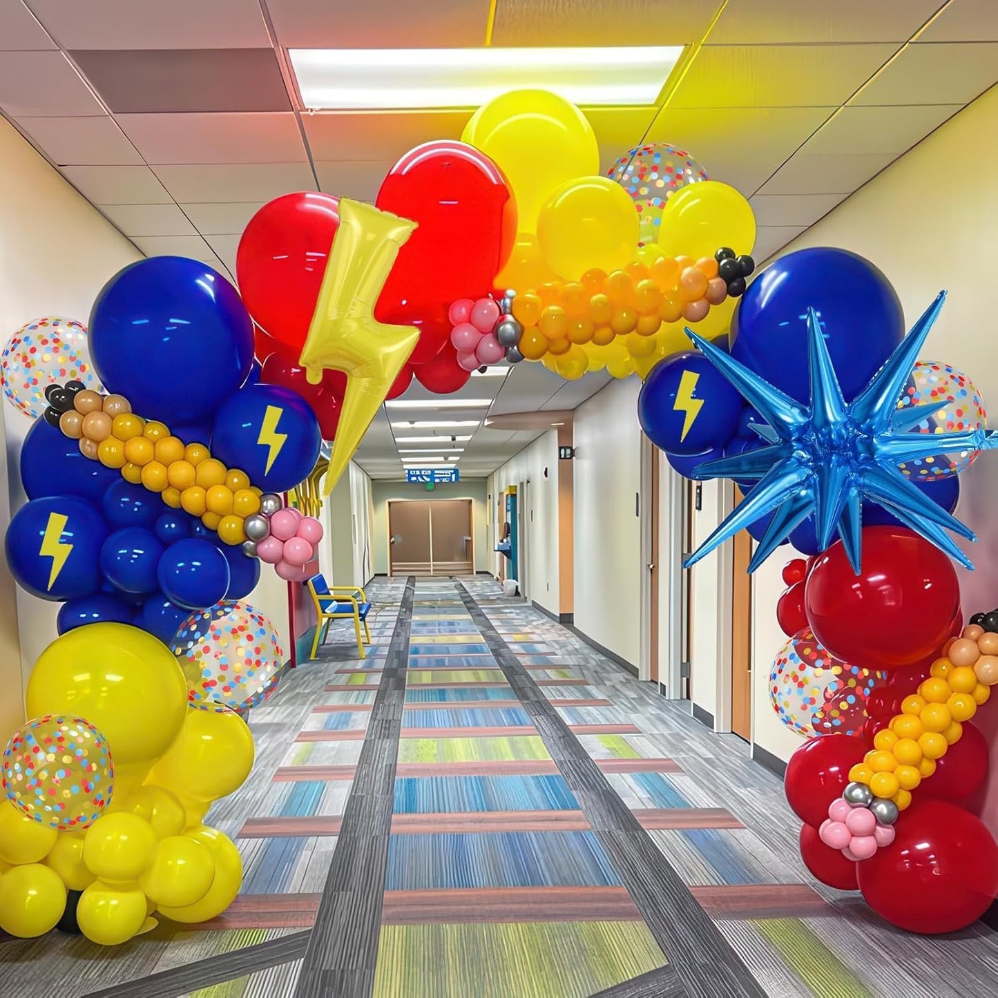 Red Yellow Blue Balloons,Cartoon Theme Balloons with 36 Inch Lightning and 22 Inch Star Foil Balloon, Red Blue Yellow Confetti Lightning Printed Balloon for Kids Boys Anime Party Carnival Circus Decor