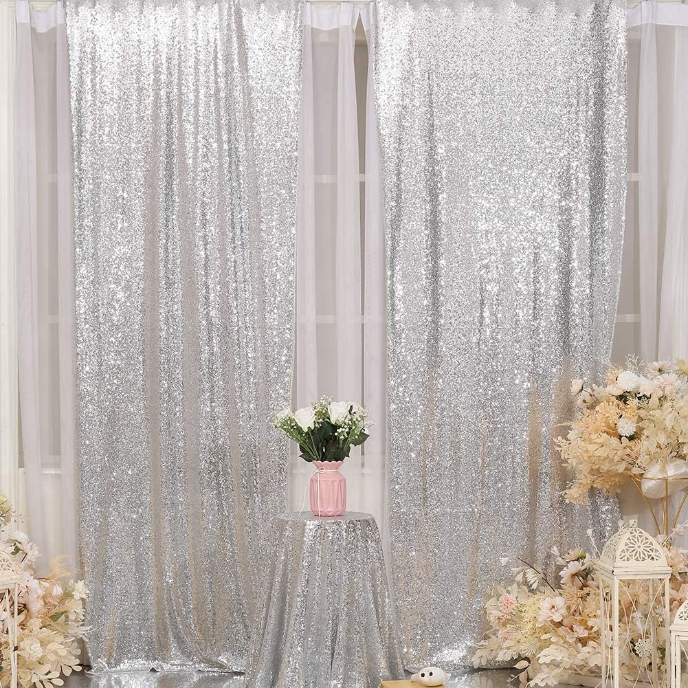 Eternal Beauty Sequin Backdrop Curtains, 2x8 Ft-2 Panels Silver Back Drop for Shimmer Photography Party Wedding Birthday Decor