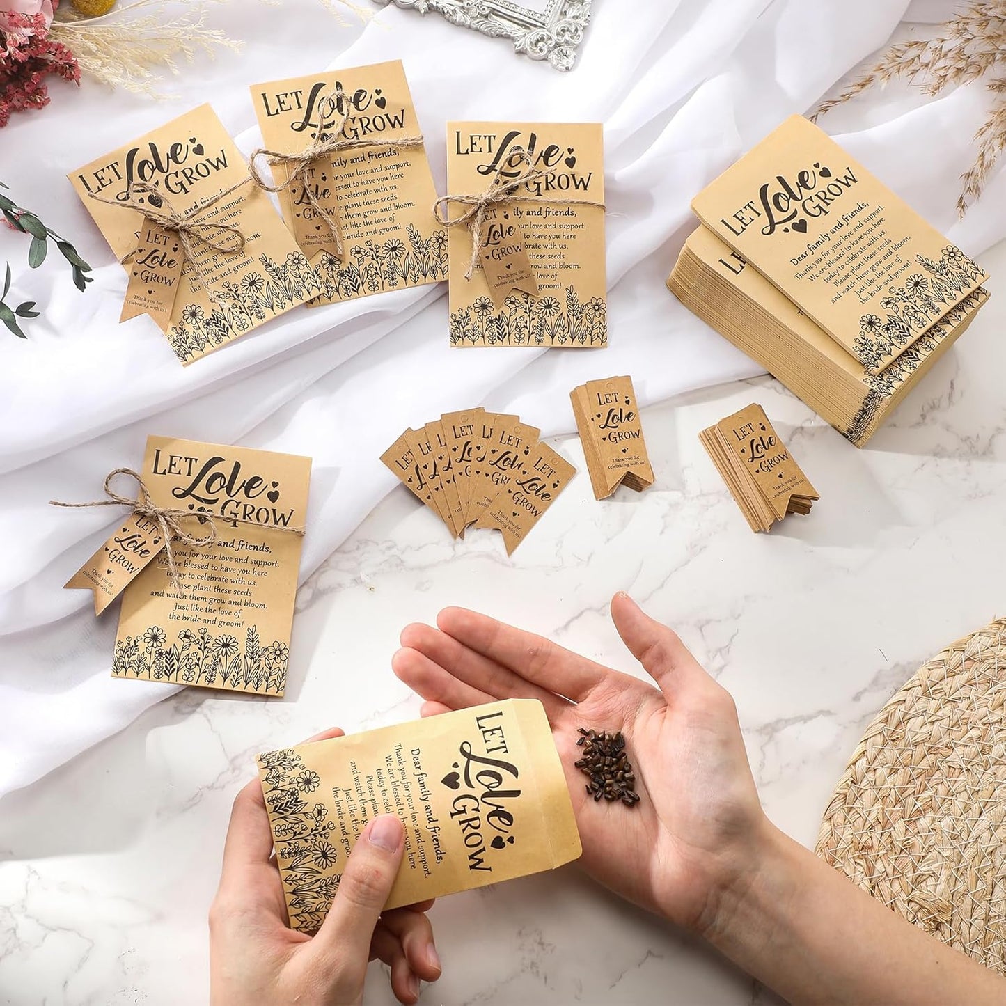 100 Sets Let Love Grow Wedding Favors for Guests Wedding Thank You Gifts Bulk Include Flower Seed Packets Tags and Hemp Ropes Craft Envelops for Bridal Shower Engagement Party Favors