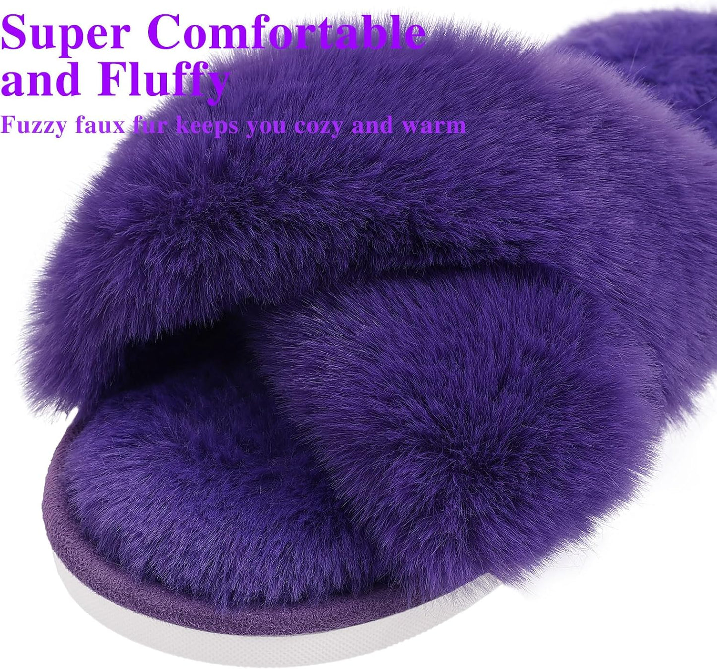 Evshine Women's Fuzzy Slippers Cross Band Memory Foam House Slippers Open Toe