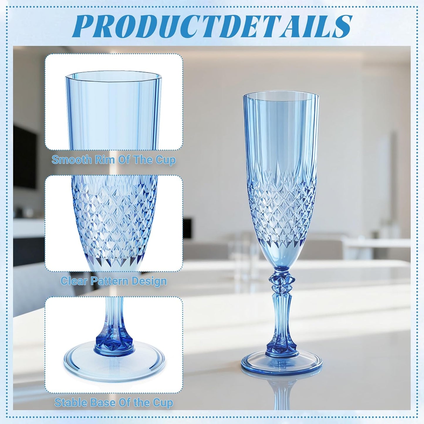 Plastic Champagne Flutes, 12PCS Blue Wine Glasses Goblets Cups Reusable Flute, for Weddings Bachelor Parties Toasting and Events (12, Blue)