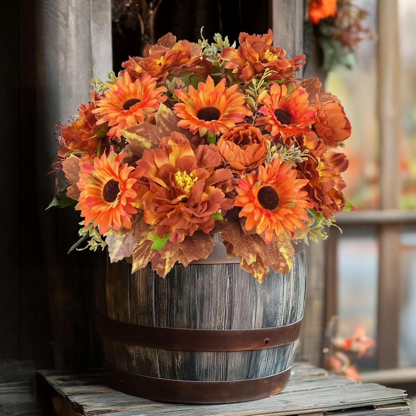 6 Pcs Fall Flowers Artificial for Decoration Silk Burnt Orange Flowers Fall Artificial Sunflowers Bouquet with Fall Leaves Stems 13 Inch Mixed Bush for Outdoor Decoration Cemetery Grave Autumn