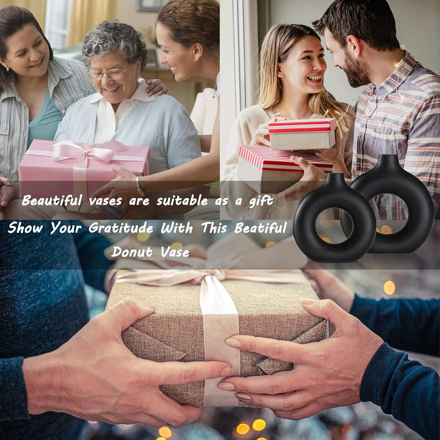 Black Ceramic Vase Set of 2 for Modern Boho Decor,Round Matte Pampas Flower Vases Minimalist Nordic Boho Ins Style for Wedding Dinner Table Party Living Room Office Bedroom, Decorative Gift