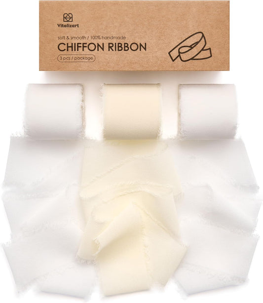 Vitalizart White Handmade Chiffon Silk Ribbon Fringe 1.5" x 21 Yd Frayed Edges Ribbons for Wedding Invitations Bridal Bouquets Gifts Wrapping Crafts Holiday Party Decorations