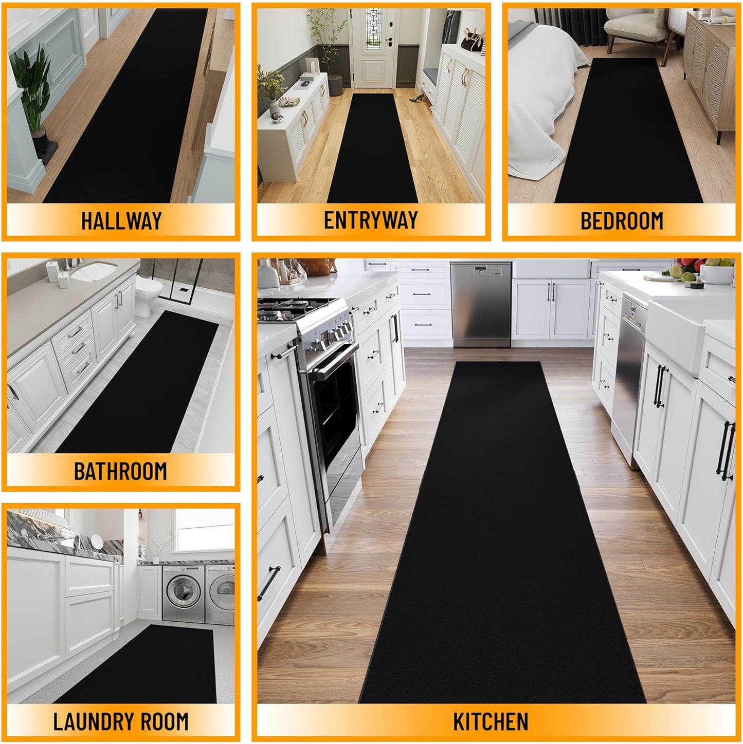 Ottomanson 3x20 Non Slip Extra Long Hallway Runner Rug with Rubber Backing - Solid Modern Kitchen Rug for Bedroom or Living Room, Black, 2'7" x 20'