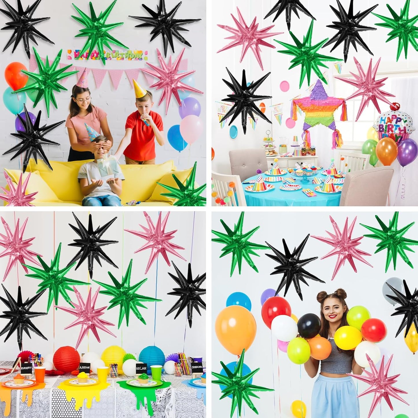 Pink Green Black Star Balloons,9Pcs 22Inch Pink Green Explosion Spike Cone Helium Polyester Film Star Foil Balloons for Witch Birthday Anniversary Disco Party Decorations