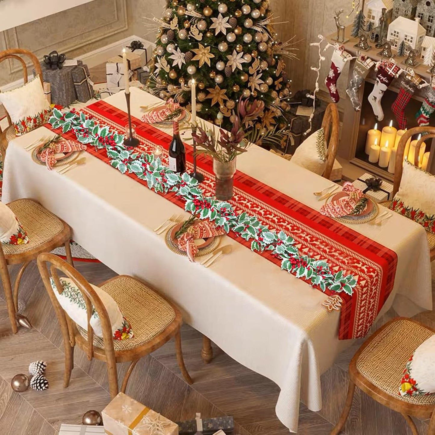 MAKHOT 6Ft Eucalyptus Garland, Green Leaves Wreath Vines Garlands Decorations, Artificial Red Berry Garland for Fireplace Gate Mantle Table Home Party Decor