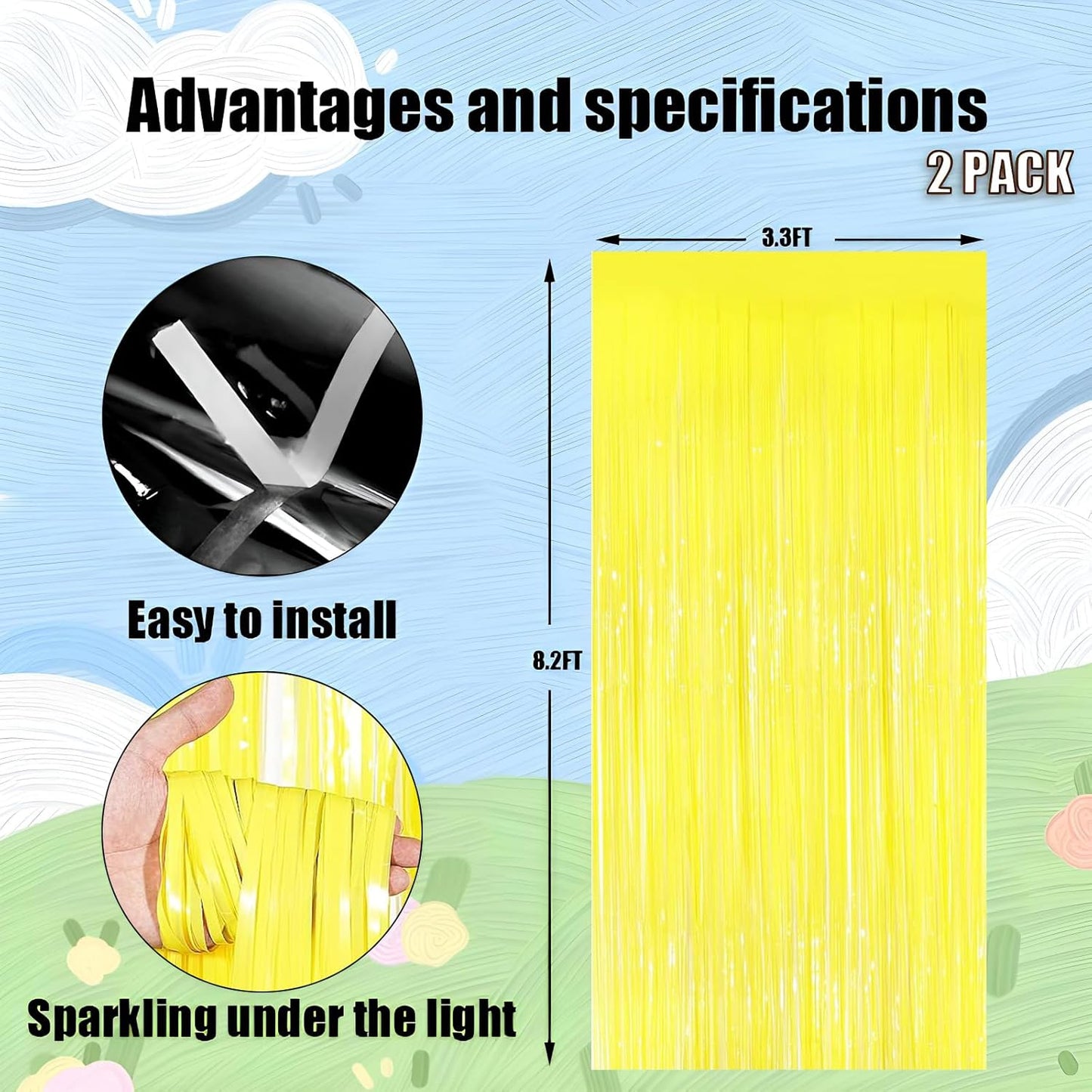 Keyali 2 Pack 3.3 * 8.3 ft Foil Curtain Metallic Tinsel Fringe Curtains Photo Booth Props Backdrop for Birthday Wedding Engagement Baby Shower Christmas Holiday Celebration Party，Macaron Yellow