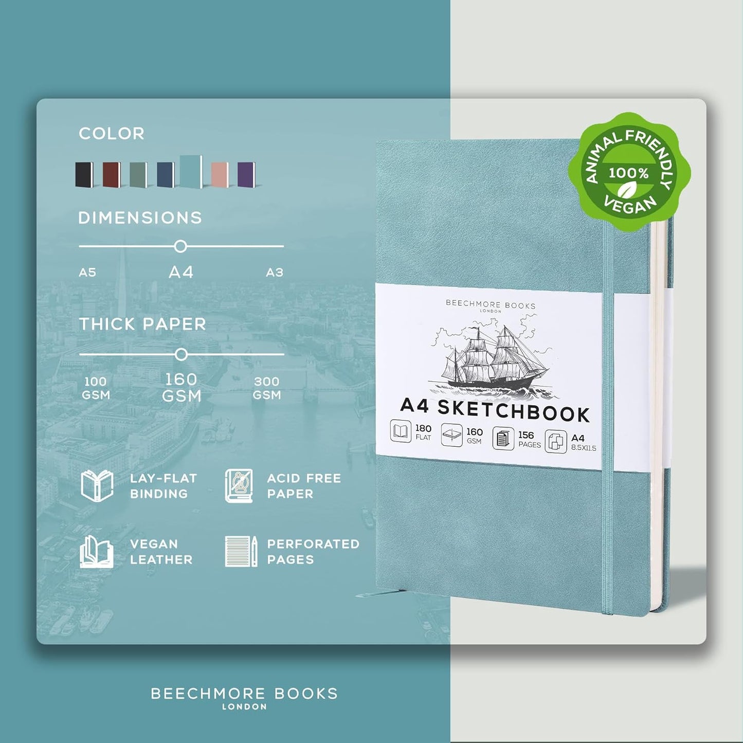 BEECHMORE BOOKS A4 Sketchbook – 8.5x11 Premium Vegan Leather Bound Large Sketch Book Hardcover With 156 Thick 160gsm Perforated Ivory Pages, Blank Sketch Pad, Gift Boxed, Back Pocket, Ribbon Bookmark