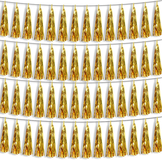 4P Gold Foil Fringe Metallic Tassel Streamers Banner Tassel Garland for Parade Floats, Bachelorette, Wedding, Birthday, Halloween, Christmas, Bridal/Baby Shower Party Decorations