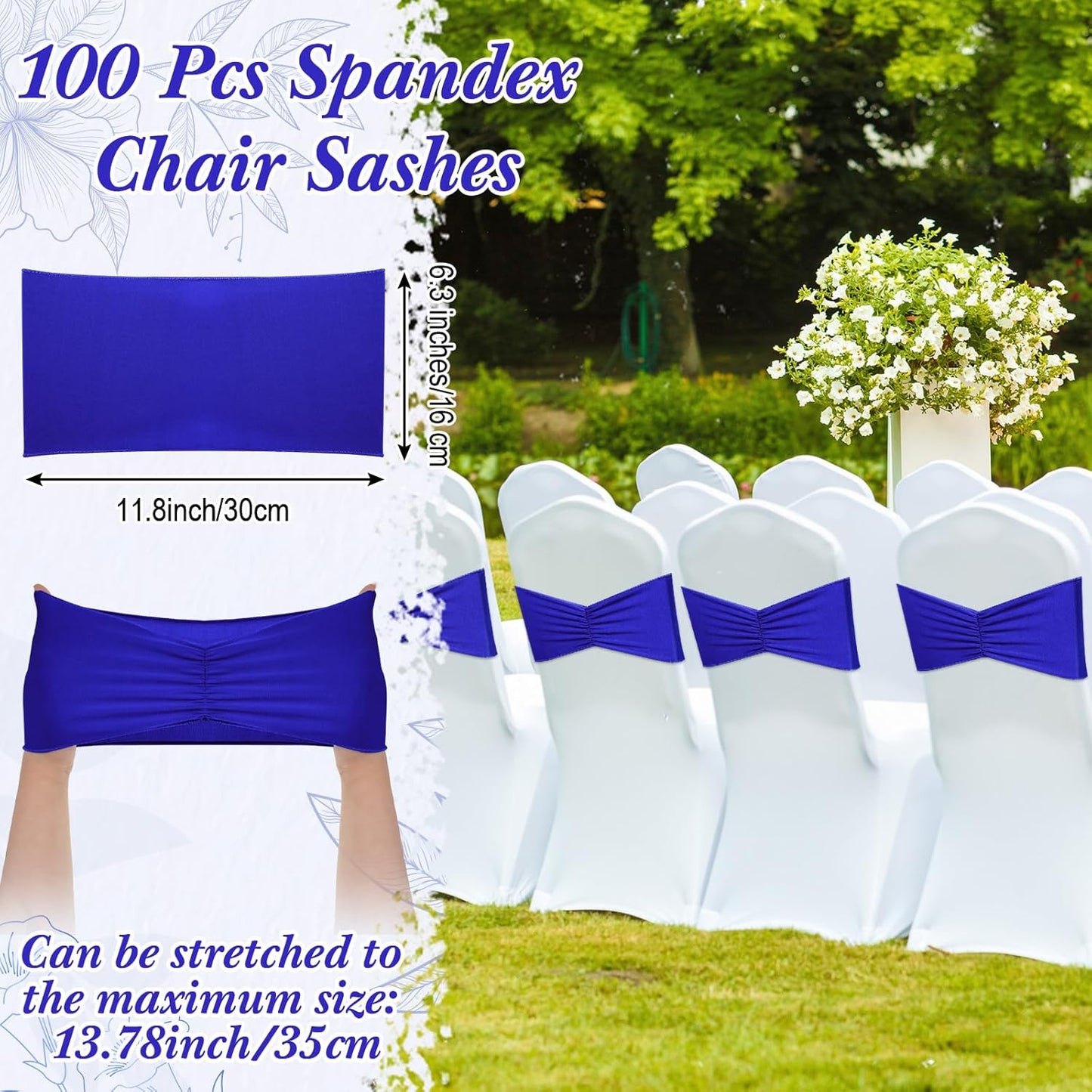 Moukeren 100 Pcs Spandex Chair Sashes Bows Bands Slider Sashes for Chair Covers Elastic Bands Ties Ribbon Decorations for Wedding Party Events Ceremony Birthday Banquet(Royal Blue)