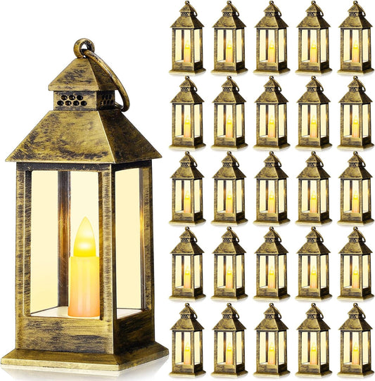 Hoolerry 24 Set Halloween Mini Lanterns with LED Candles 5.5'' Decorative Hanging Small Vintage Lantern Centerpiece Battery Powered for Wedding Table(Bronze)