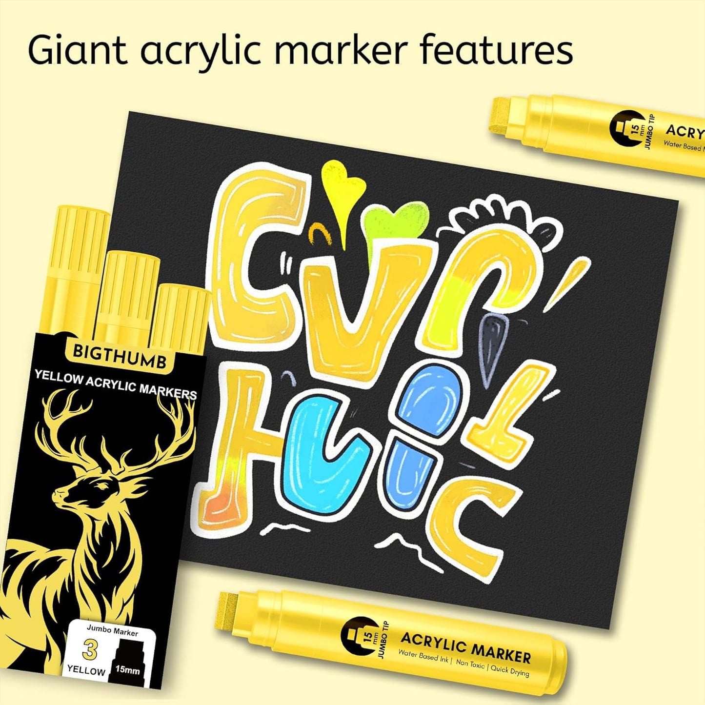 3 Pcs Yellow Jumbo Permanent Markers: 15mm Wide Tip Thick Acrylic Paint Pen Large Calligraphy Marker for Rock Painting, Poster, Sign, Canvas, Glass, Wood, Ceramic