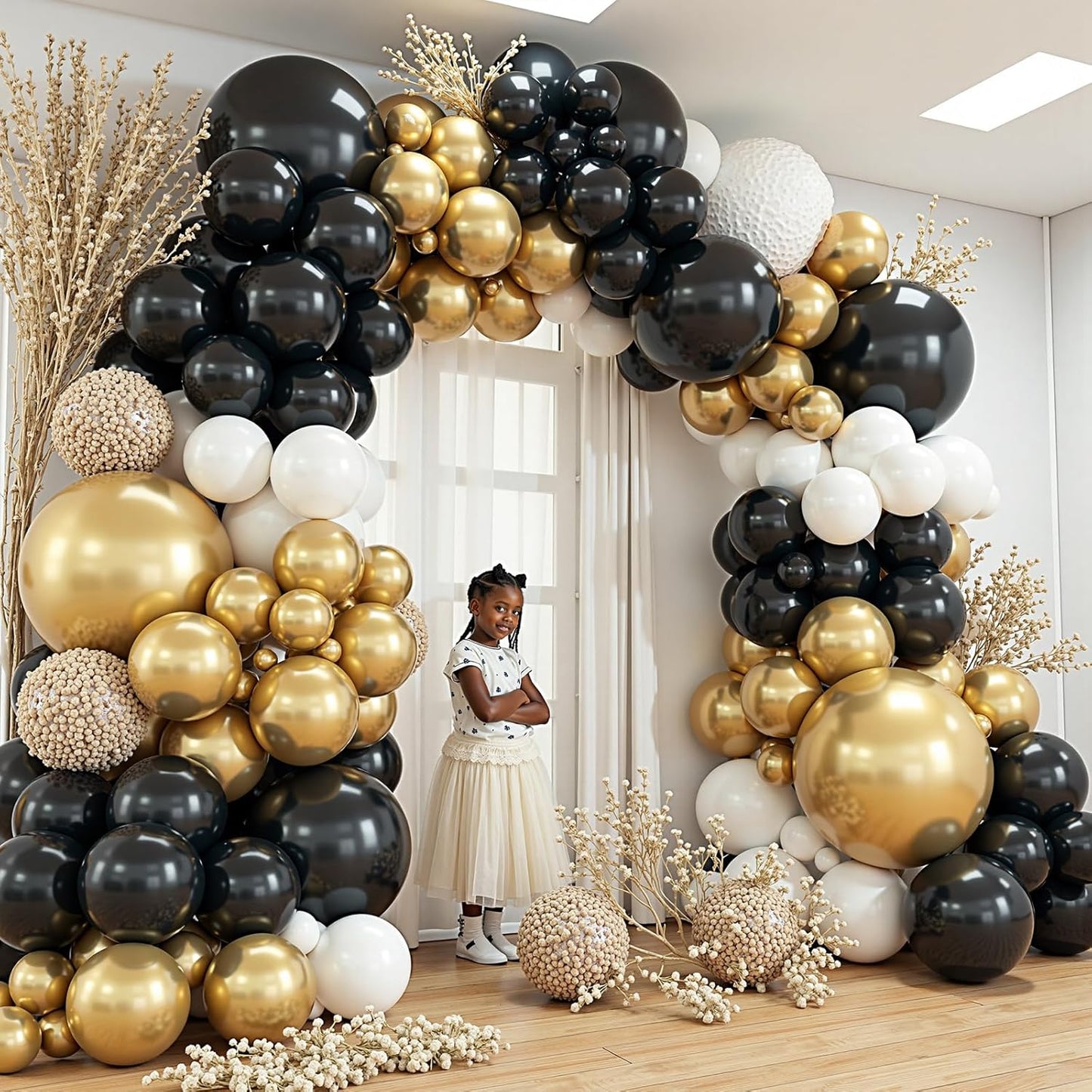 412Pcs Black and Gold Balloons,18 12 10 5 Inch Different Size Black White Metallic Gold Latex Balloons for Graduation Birthday Wedding Party Decorations