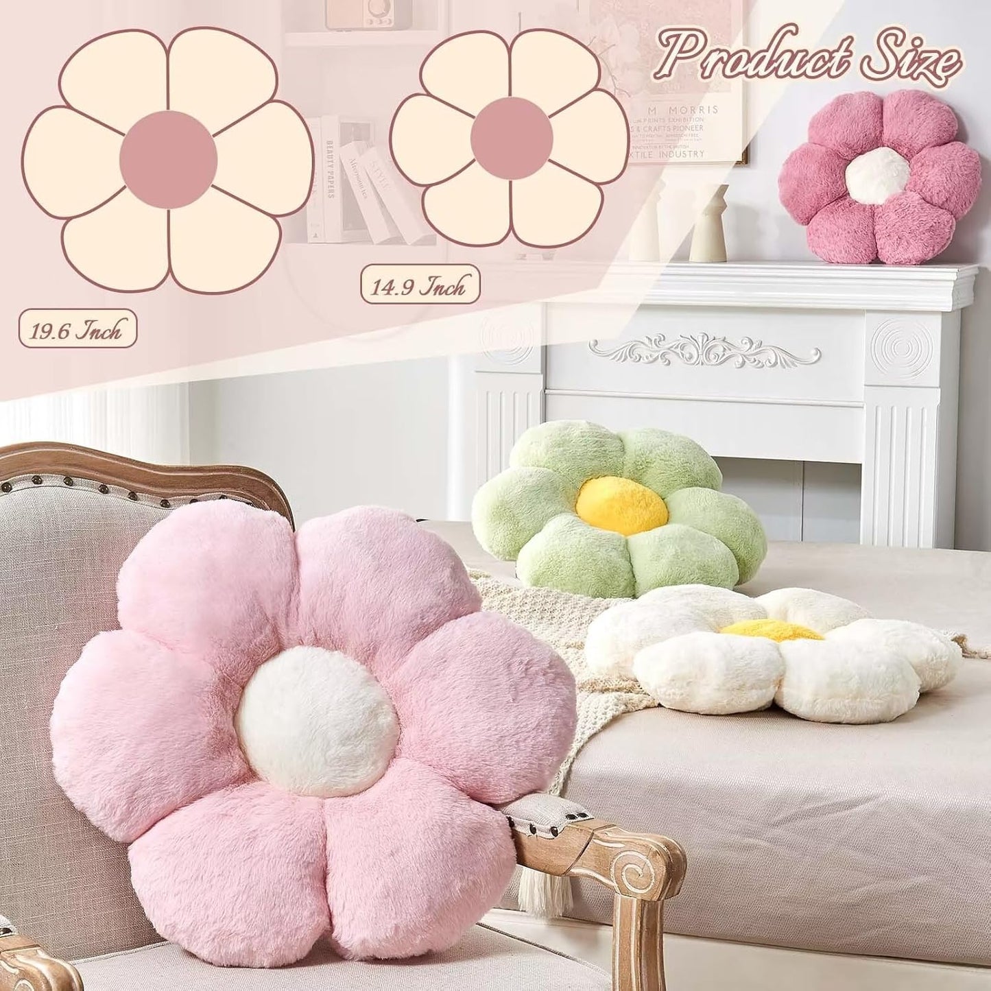 Hot Pink Flower Pillow, Cute Decorative Flower Shaped Throw Pillow with Faux Rabbit Fur, 19.6" Soft Flower Plush Throw Pillow Floor Pillows Room Décor for Bedroom Living Room