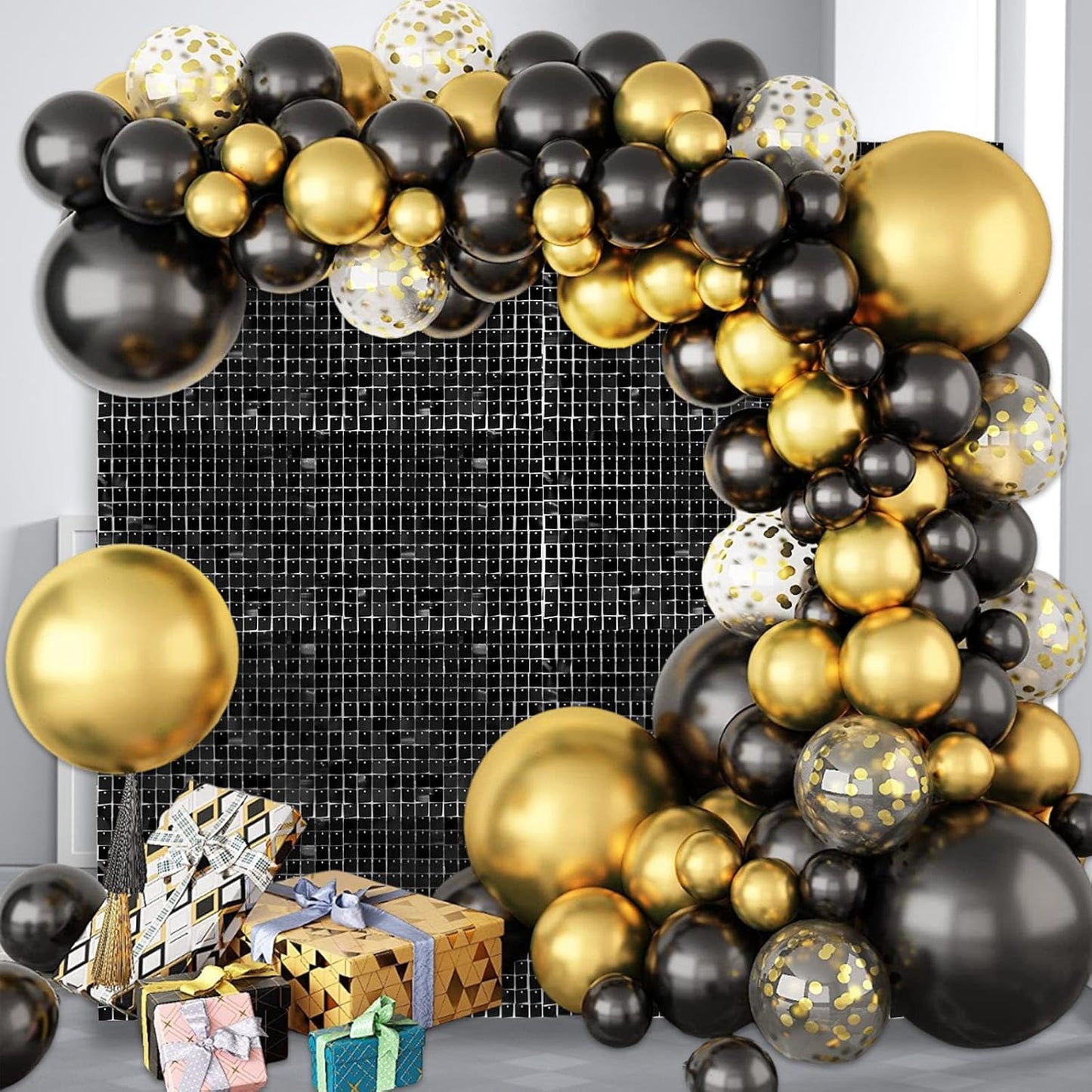 24PCS Black Shimmer Wall Backdrop, Square Sequin Backdrops Panel, Glitter Wall Background for Birthdays, Weddings, Graduation, Engagements, Disco Bachelorette Party Decoration (4FTx6FT)