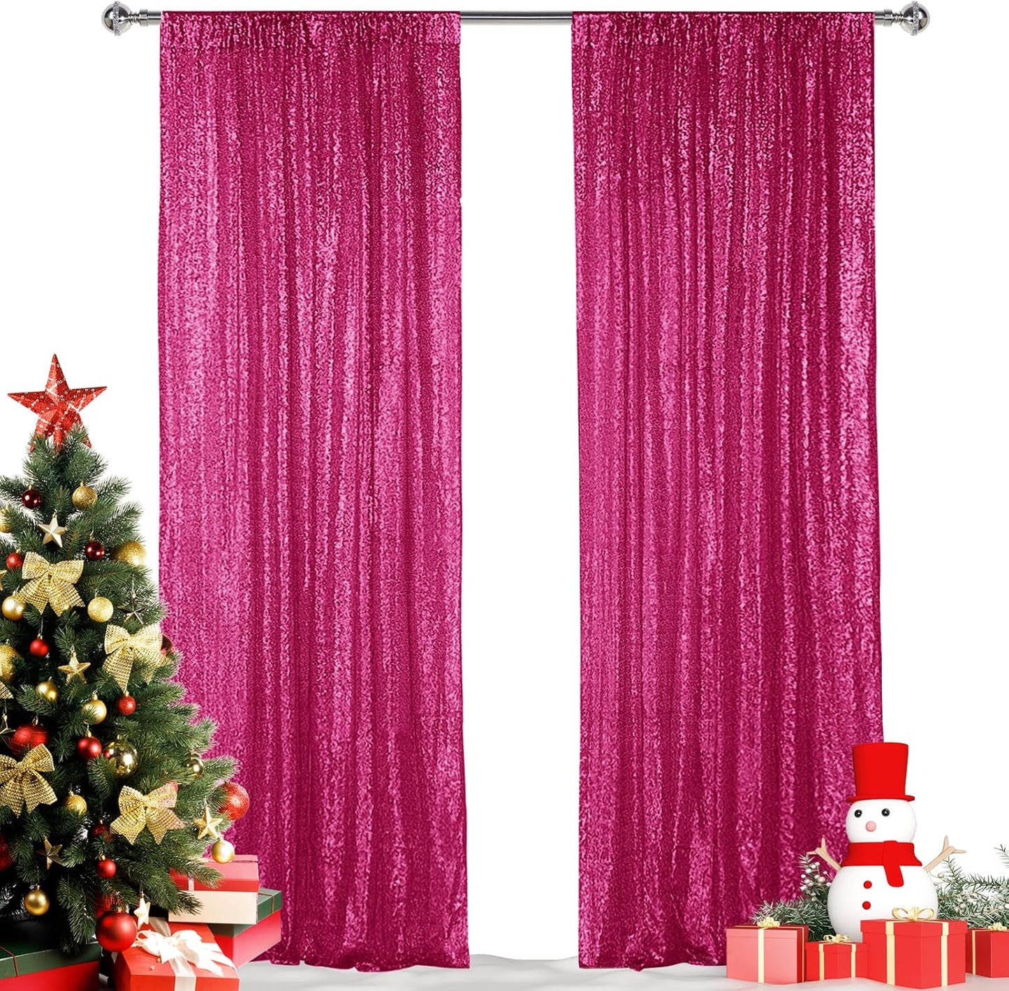Hahuho Fuchsia Sequin Backdrop Curtain, 2PCS 2FTx8FT Glitter Backdrop Curtain for Parties, Christmas, Wedding, Party Decoration（2 Panels, 2FT x 8FT, Fuchsia