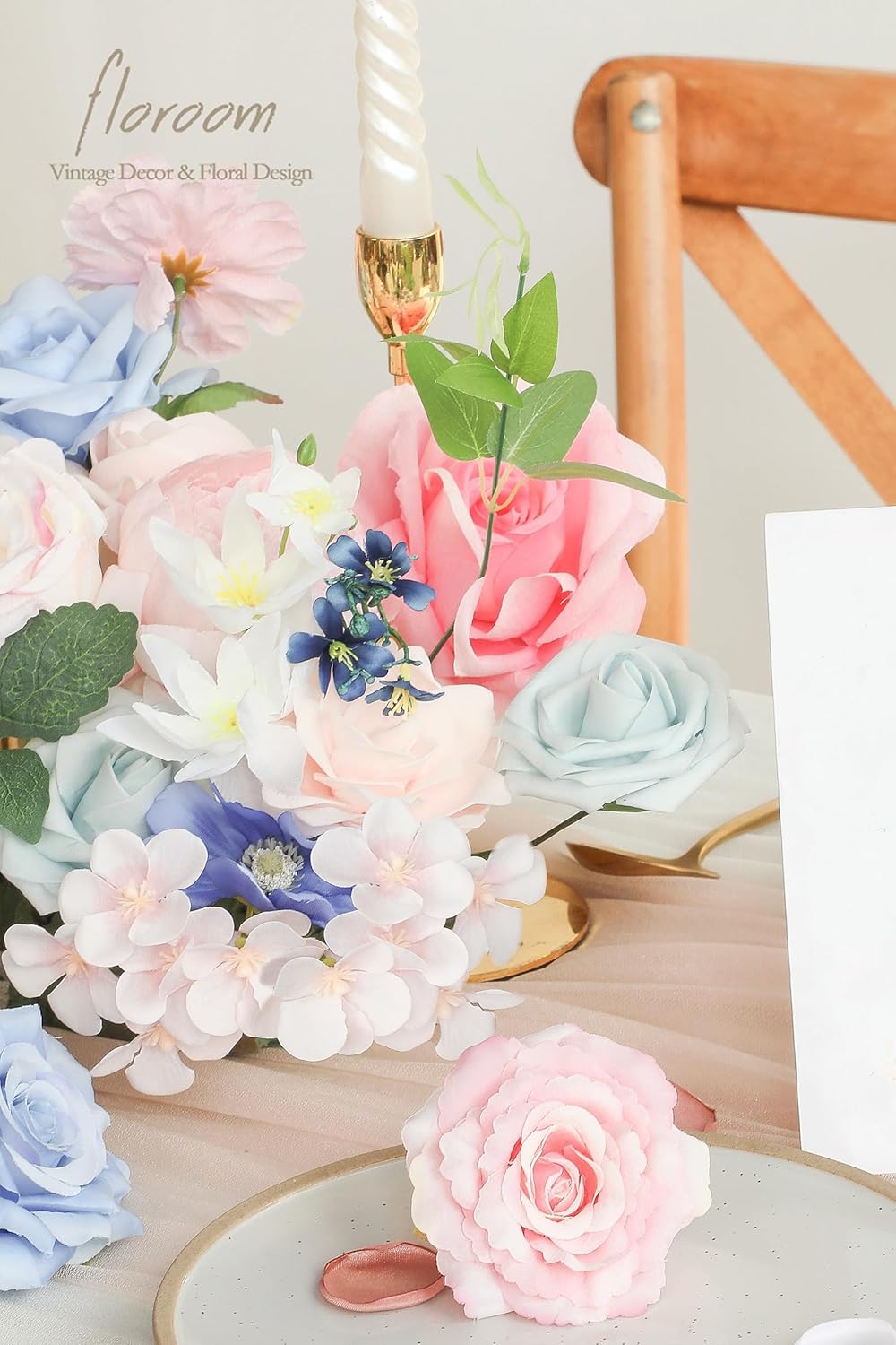 Floroom Pink Blush Blue Artificial Flowers Fake Roses Peonies and Greenery Combo Box Set for DIY Wedding Bouquets Bridal Shower Centerpieces Floral Arrangements Party Tables Home Decorations